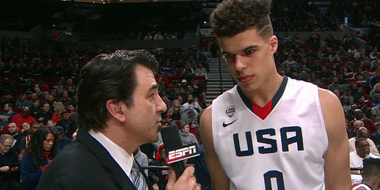 ESPN's Paul Biancardi interviewing a Team USA basketball player